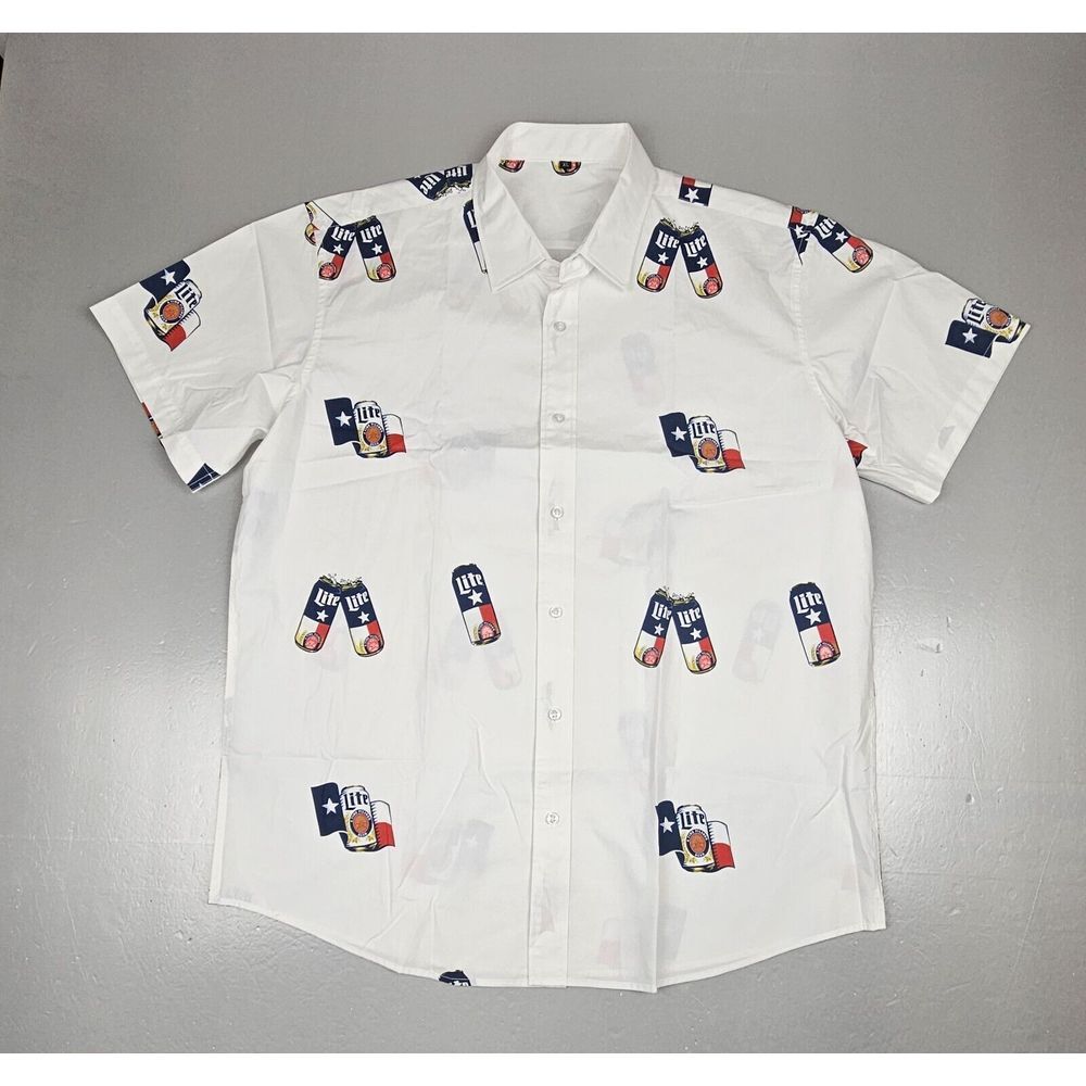 Miller Lite Beer Cans Texas Flag Shirt Mens XL. White Button Up All Over. NWOT.‎